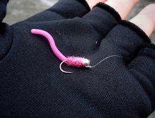 Next choice for testing is "Hot Pink Worm"... Disgusting color, but grayling and rainbows love it!