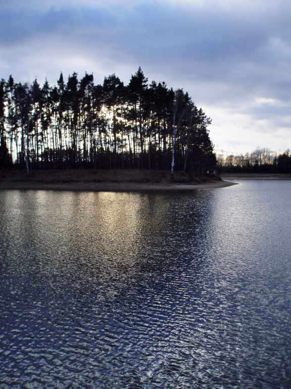 View of the forested peninsula when fishing on shallow part of the lake.