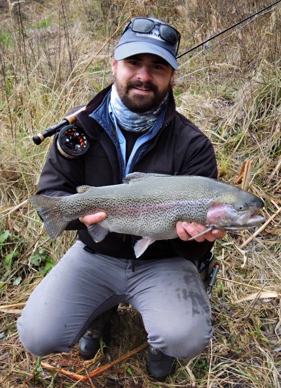 "Mottled" autumn rainbow trout grabbed small Hot Head Diawl Bach near by bank.