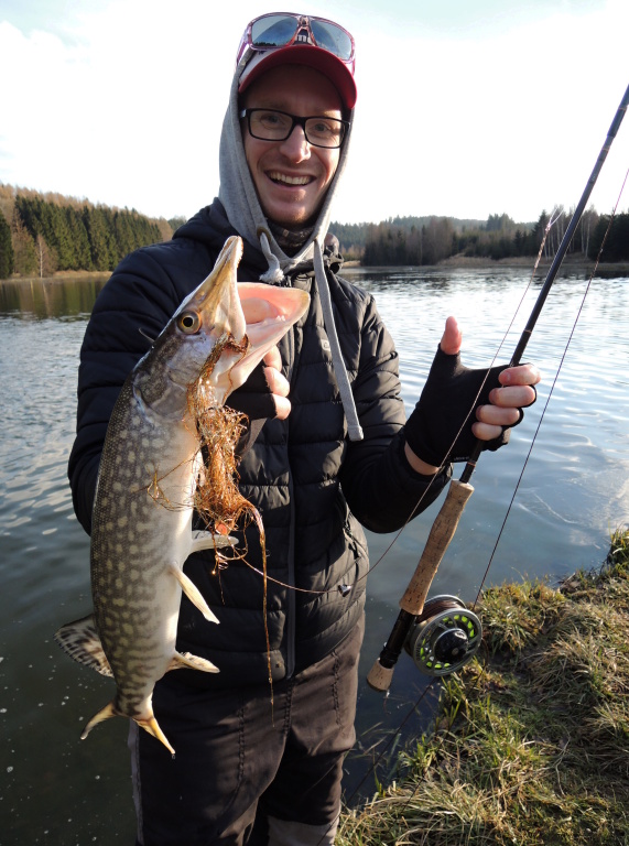 Small pike caught by my friend under the shore on a big golden pike tube streamer.
